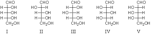 Refer to the structures below.Which are l-sugars?   A) II and IV B) I,II,and III C) I and V D) III,IV,and V E) IV and V