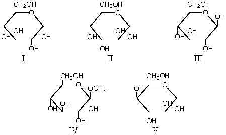 Which of these is α-d-glucopyranose?   A) I B) II C) III D) IV E) V