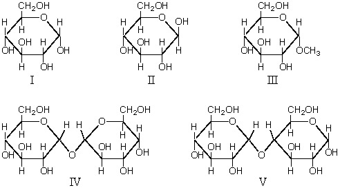 Sugars that undergo mutarotation in neutral aqueous solution are:   A) I and III B) III and IV C) II,III,and IV D) I,II,and V E) I and IV