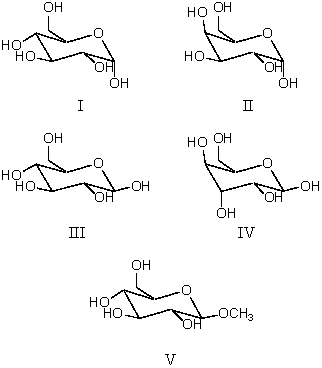  Consider the structures shown below.Which structure represents  \beta -d-glucopyranose?   A) I B) II C) III D) IV E) V 