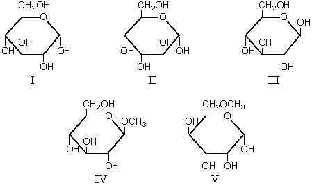 Which of these is a glycoside?   A) I B) II C) III D) IV E) V