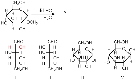 What compounds (other than methanol) would be formed in the solution if the glycoside presented below was treated with dilute aqueous hydrochloric acid and the solution allowed to stand?   A) I and II B) I and III C) II and III D) I,III,and IV E) II,III,and IV