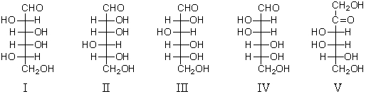 Which of these is a component of the mixture formed when d-galactose is placed in aqueous base (de Bruyn-van Ekenstein transformation) ?   A) I B) II C) III D) IV E) V