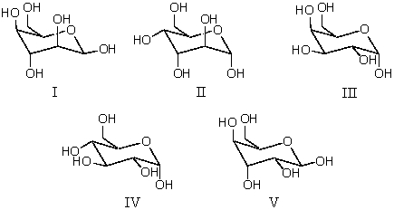 Which of these pyranose forms of an aldohexose can react with two equivalents of acetone in the presence of acid ?   A) I B) II C) III D) IV E) V