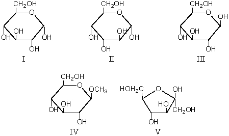 Which of these is a non-reducing monosaccharide?   A) I B) II C) III D) IV E) V