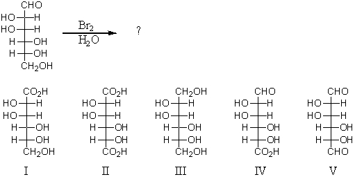 Reaction of the following substance with bromine water would yield:   A) I B) II C) III D) IV E) V