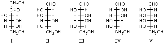 Which is an l-monosaccharide that would yield an optically active aldaric acid on oxidation by nitric acid?   A) I B) II C) III D) II and IV E) V