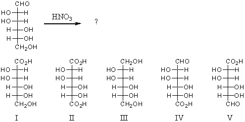 Reaction of the following substance with nitric acid would yield:   A) I B) II C) III D) IV E) V