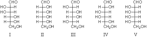 Which aldohexose would yield an optically active aldaric acid when treated with nitric acid?   A) I B) II C) III D) IV E) V