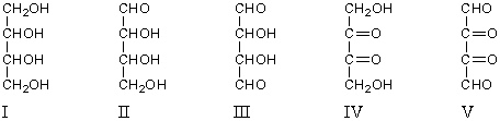 A compound X reacts with 3 mol of HIO<sub>4</sub> to yield 2 mol of HCO<sub>2</sub>H and 2 mol of HCHO.What is the structure of X?   A) I B) II C) III D) IV E) V