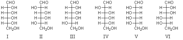 Consider the structures below.Which of the structures II-VI are epimers of I?   A) II B) III and IV C) IV D) V E) VI