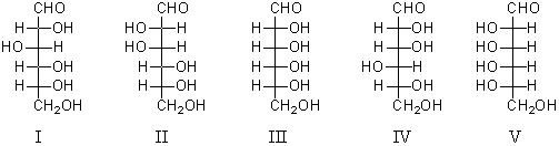 Which of the following structures represent epimers?   A) I and II B) III and V C) III and IV D) I and III E) Pairs in more than one of these choices.