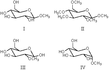 Which compound or compounds would be formed when d-glucose is dissolved in methanol and then treated with anhydrous acid?   A) I B) II C) III D) IV E) I and IV