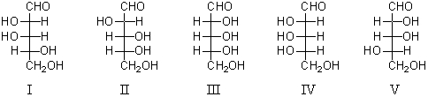 An aldopentose,X,is subjected to a Kiliani-Fischer synthesis to produce two aldohexoses,Y and Z.Both Y and Z,when oxidized with nitric acid,yield optically active aldaric acids.Which structure represents X?   A) I B) II C) III D) IV E) V