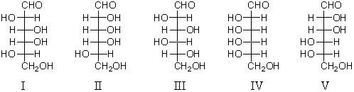 Consider the structures below.An l-aldohexose,X,is treated with nitric acid to yield an optically inactive aldaric acid.The same l-aldohexose,X,is subjected to a Ruff degradation and the degradation product is oxidized with nitric acid to produce an optically inactive aldaric acid.Which is a possible structure for X?   A) I B) II C) III D) IV E) V