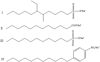 What of the following structures is a biodegradable soap or detergent?   A) I,III and IV B) Only I C) II and III D) III and IV E) I and III