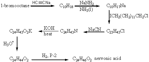 The product of the following reaction sequence is nervonic acid.What is the structure of nervonic acid?   A)    B)    C)    D)    E)   