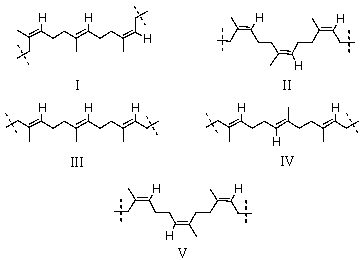 Which is the proper representation of three successive isoprene units in natural rubber?   A) I B) II C) III D) IV E) V
