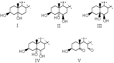 The reaction of cholesterol with dilute aqueous KMnO<sub>4</sub> at 0-5 °C produces which of these compounds (A and B rings only shown) ?   A) I B) II C) III D) IV E) V