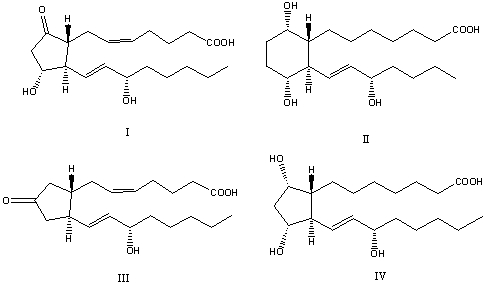 What of the following is a (are) correct structure(s) for prostaglandin(s) ?   A) I and II B) I,III and IV C) III D) II E) I and IV