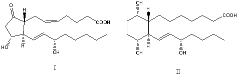 The compounds I and II are:   A) Prostaglandins. B) Terpenoids. C) I is a prostaglandin; II is not a prostaglandin. D) I is an E type prostaglandin; II is an F type prostaglandin. E) Both are fatty acids.