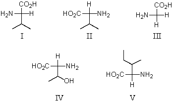 Which of these amino acids is a D amino acid?   A) I B) II C) III D) IV E) V