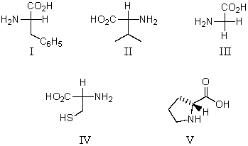 Which of these amino acids is(are) R amino acid(s) ?   A) II and IV B) IV and V C) I and III D) V E) All of these are R amino acids.
