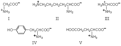 Which amino acid would have its isoelectric point near pH 10?   A) I B) II C) III D) IV E) V