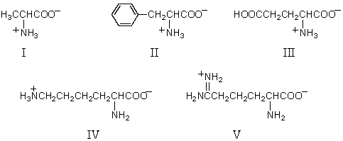 Which amino acid would have its isoelectric point near pH 3?   A) I B) II C) III D) IV E) V