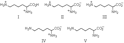 What would be the predominant form of lysine in water at pH 14?   A) I B) II C) III D) IV E) V