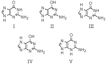 Which is the predominant tautomeric form of guanine when it is present in DNA?   A) I B) II C) III D) IV E) V