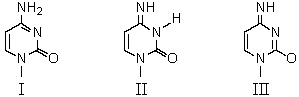 Which is the predominant tautomeric form of cytosine when it is present in DNA?   A) I B) II C) III D) None of these choices. E) I,II and III are present in approximately equal amounts.