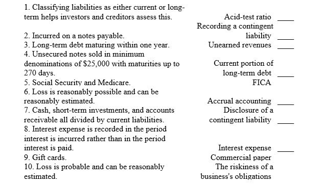 Listed below are several terms and phrases associated with current liabilities. Pair each item in the first column (by number) with the item in the second column that is most appropriately associated with it.  