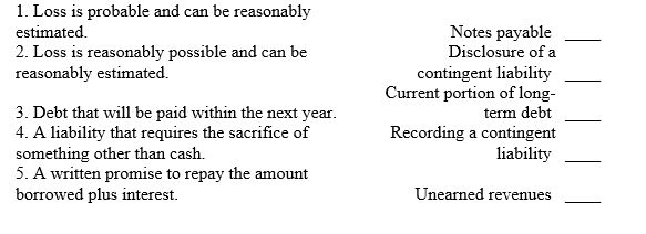 Listed below are several terms and phrases associated with current liabilities. Pair each item in the first column (by number) with the item in the second column that is most appropriately associated with it.  