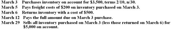 A company has the following transactions during March:    Record all transactions, assuming the company uses a perpetual inventory system.
