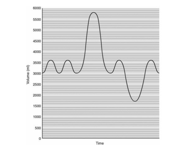   Figure 16.1 -In Figure 16.1, how many mL is the inspiratory capacity? A) 2800 B) 1700 C) 600 D) 1300 E) 2200