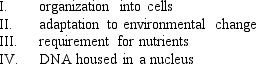 Which of the following characteristics are shared by all living organisms?   A)  I and II B)  I and III C)  II and III D)  I, II, and III E)  I, II, III, and IV