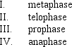 Which of the following is the proper sequence for mitosis?   A)  II, I, IV, III B)  I, II, III, IV C)  III, I, IV, II D)  IV, III, II, I E)  I, IV, II, III