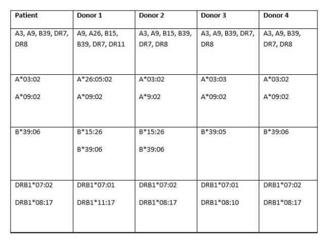   -Four candidate bone-marrow donors were tested for compatibility with a patient in need of a transplant.HLA typing was performed,and the serologic types and alleles of the patient and four potential donors are shown in the table.On the basis of these findings,which donor would be the best match for the patient? A)  Donor 1 B)  Donor 2 C)  Donor 3 D)  Donor 4