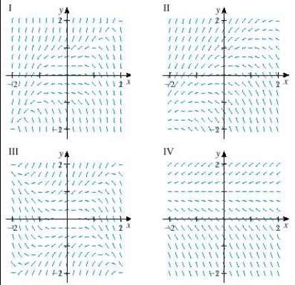 Select a direction field for the differential equation   from a set of direction fields labeled I-IV.  