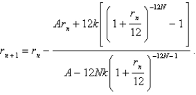 The size of the monthly repayment k that amortizes a loan of A dollars in N years at an interest rate of r per year, compounded monthly, on the unpaid balance is given by   The value of r can be found by performing the iteration   A family secured a loan of $360,000 from a bank to finance the purchase of a house. They have agreed to repay the loan in equal monthly installments of $2476 over 25 years. Find the interest rate on this loan. Round the rate to one decimal place. A) 8.7% B) 7.7% C) 6.7% D) 5.7%