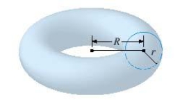  The volume of a solid torus (the donut-shaped solid shown in the figure) with r = 5 and R = 15 is  750 \pi^{2}    