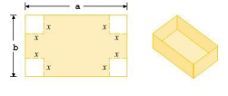  A box with an open top is to be constructed from a rectangular piece of card board with dimensions  b=4  in. by  a=28  in. by cutting out equal squares of side  X  at each corner and then folding up the sides as in the figure. Express the volume  V  of the box as a function of  X  .   A)   V(x) =x^{3}-64 x^{2}+112 x  B)   V(x) =4 x^{3}+32 x^{2}+196 x  C)   V(x) =4 x^{3}+64 x^{2}+112 x  D)   V(x) =x^{3}-32 x^{2}+196 x  E)   V(x) =4 x^{3}-64 x^{2}+112 x