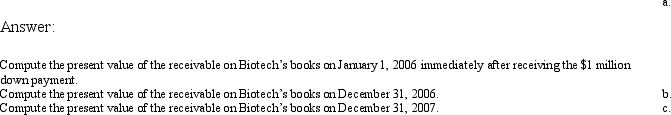 The following problem requires present value information: Biotech sold a patent on a new blood analyzer to Pharma. The sales agreement which was signed on January 1, 2006 requires Pharma to pay Biotech $1 million immediately. In addition, Pharma is required to pay $600,000 each December 31 for 20 years starting with December 31, 2006. Pharma and Biotech judge that a 10 percent is an appropriate interest rate for this arrangement.   