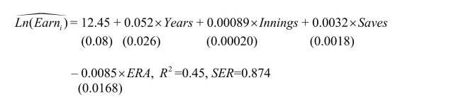 Labor economists have extensively researched the determinants of earnings.Investment in human capital, measured in years of education, and on the job training are some of the most important explanatory variables in this research.You decide to apply earnings functions to the field of sports economics by finding the determinants for baseball pitcher salaries.You collect data on 455 pitchers for the 1998 baseball season and estimate the following equation using OLS and heteroskedasticity-robust standard errors: where Earn is annual salary in dollars, Years is number of years in the major leagues, Innings is number of innings pitched during the career before the 1998 season, Saves is number of saves during the career before the 1998 season, and ERA is the earned run average before the 1998 season. (a)What happens to earnings when the pitcher stays in the league for one additional year? Compare the salaries of two relievers, one with 10 more saves than the other.What effect does pitching 100 more innings have on the salary of the pitcher? What effect does reducing his ERA by 1.5? Do the signs correspond to your expectations? Explain.