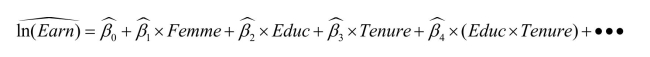 Earnings functions attempt to predict the log of earnings from a set of explanatory variables, both binary and continuous.You have allowed for an interaction between two continuous variables: education and tenure with the current employer.Your estimated equation is of the following type: where Femme is a binary variable taking on the value of one for females and is zero otherwise, Educ is the number of years of education, and tenure is continuous years of work with the current employer.What is the effect of an additional year of education on earnings (returns to education)for men? For women? If you allowed for the returns to education to differ for males and females, how would you respecify the above equation? What is the effect of an additional year of tenure with a current employer on earnings?