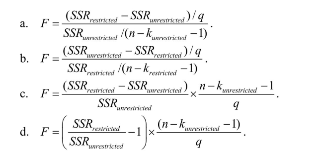 All of the following are correct formulae for the homoskedasticity-only F-statistic, with the exception of 1