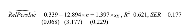 You have collected data for 104 countries to address the difficult questions of the determinants for differences in the standard of living among the countries of the world. You recall from your macroeconomics lectures that the neoclassical growth model suggests that output per worker (per capita income)levels are determined by, among others, the saving rate and population growth rate.To test the predictions of this growth model, you run the following regression: where RelPersInc is GDP per worker relative to the United States, n is the average population growth rate, 1980-1990, and sK is the average investment share of GDP from 1960 to1990 (remember investment equals saving).Numbers in parentheses are for heteroskedasticity-robust standard errors. (a)Calculate the t-statistics and test whether or not each of the population parameters are significantly different from zero.