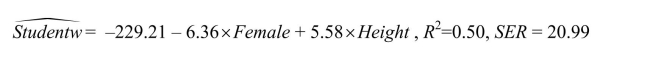 Females, on average, are shorter and weigh less than males.One of your friends, who is a pre-med student, tells you that in addition, females will weigh less for a given height.To test this hypothesis, you collect height and weight of 29 female and 81 male students at your university.A regression of the weight on a constant, height, and a binary variable, which takes a value of one for females and is zero otherwise, yields the following result: where Studentw is weight measured in pounds and Height is measured in inches. (a)Interpret the results.Does it make sense to have a negative intercept?