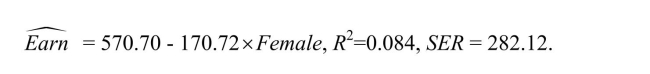 A subsample from the Current Population Survey is taken, on weekly earnings of individuals, their age, and their gender.You have read in the news that women make 70 cents to the $1 that men earn.To test this hypothesis, you first regress earnings on a constant and a binary variable, which takes on a value of 1 for females and is 0 otherwise. The results were: (a)There are 850 females in your sample and 894 males.What are the mean earnings of males and females in this sample? What is the percentage of average female income to male income?